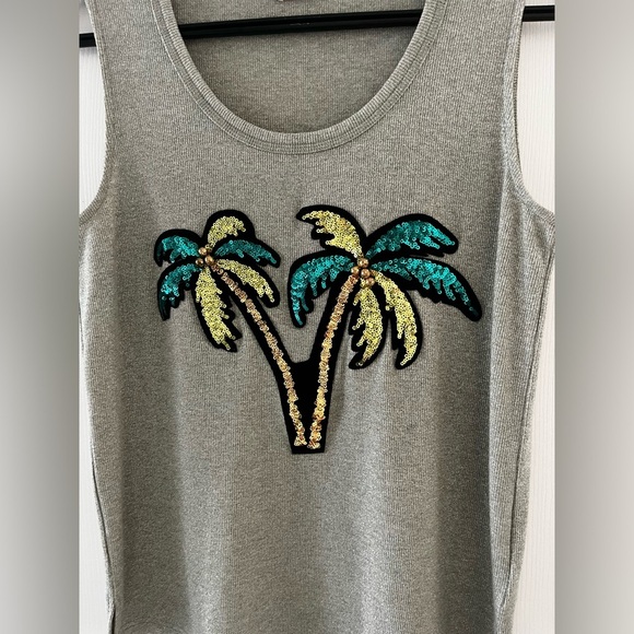 RIANI Sequin Palm Tree Tank Top Green Metallic Knit Sleeveless - Picture 4 of 10